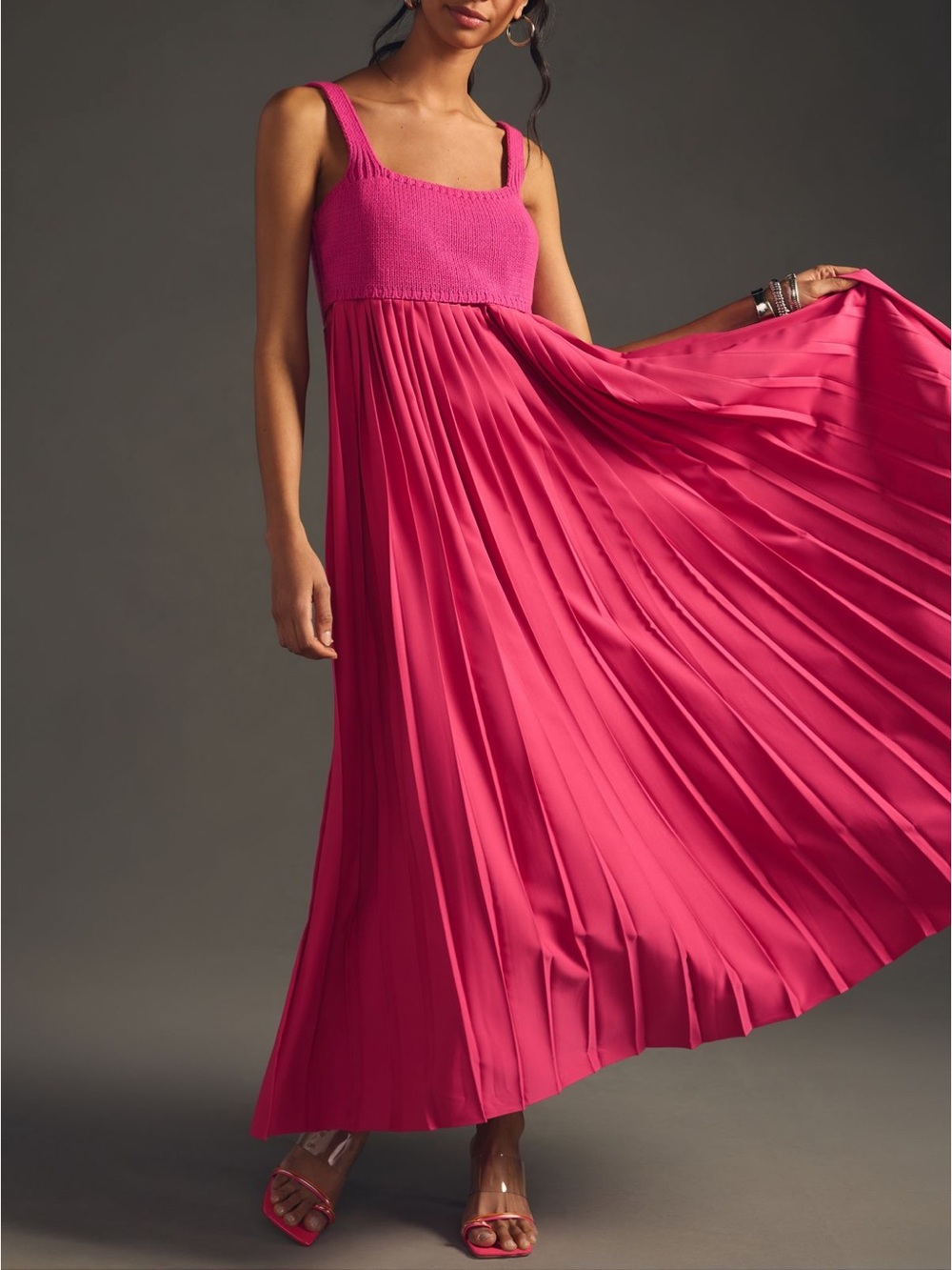 Anthropologie Hot Pink Pleated Maxi Dress with Knit Bodice